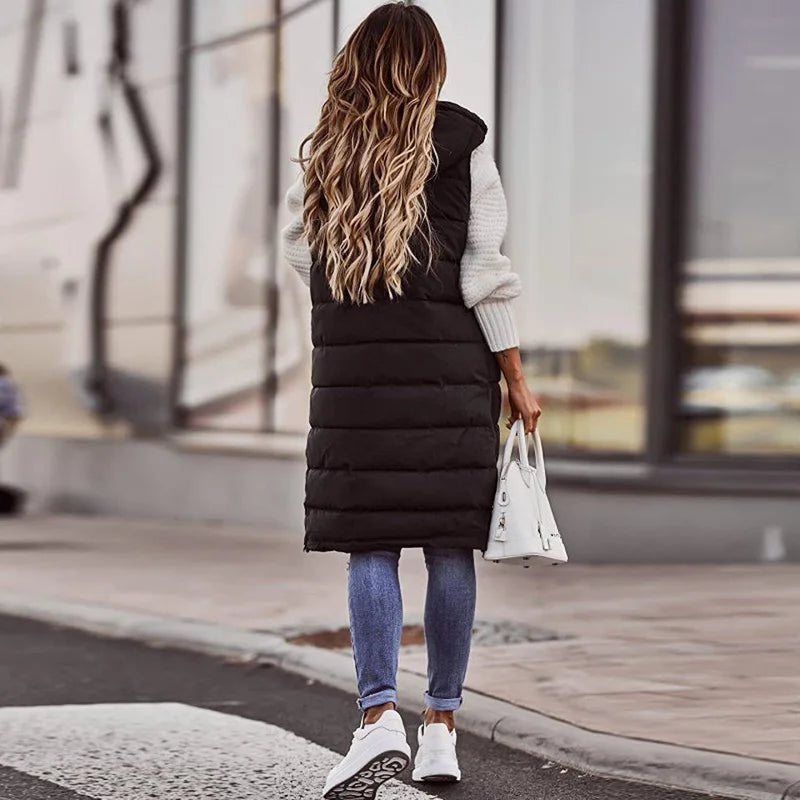 Warm Hooded Longline Sleeveless Vest Coat for Women