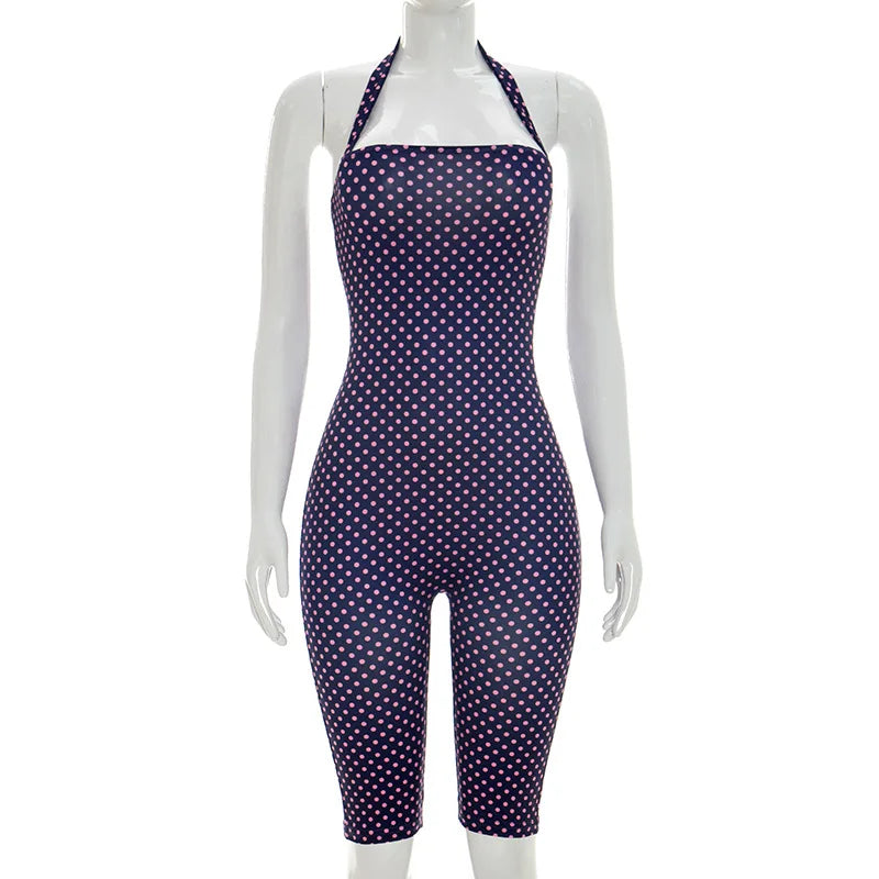 Polka Dot Halter Backless Bodycon Romper for Women