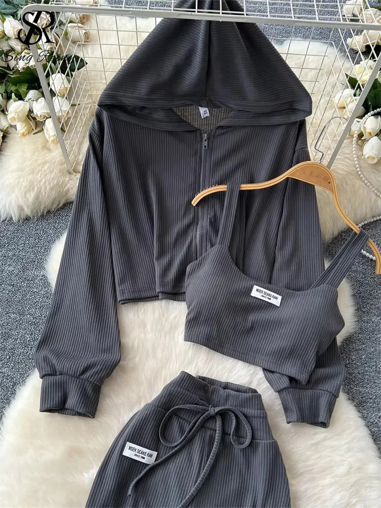 Sporty Three Piece Hoodie, Camisole and Pants Set for Women