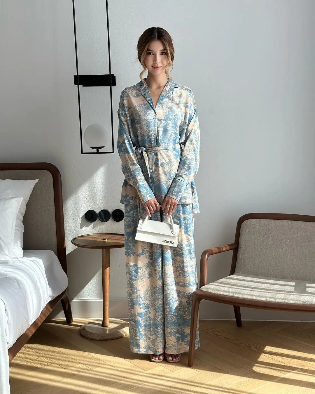 Elegant Print Two Piece Set With Long Sleeve Shirt And Wide Leg Pants for Women