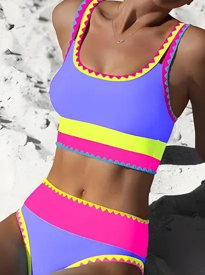 Women's Bikinis And Tankinis High Waist Color-blocked Zigzag Swimsuit 2026 Three Piece Cover-ups Bikini Beach Vacation Swimwear