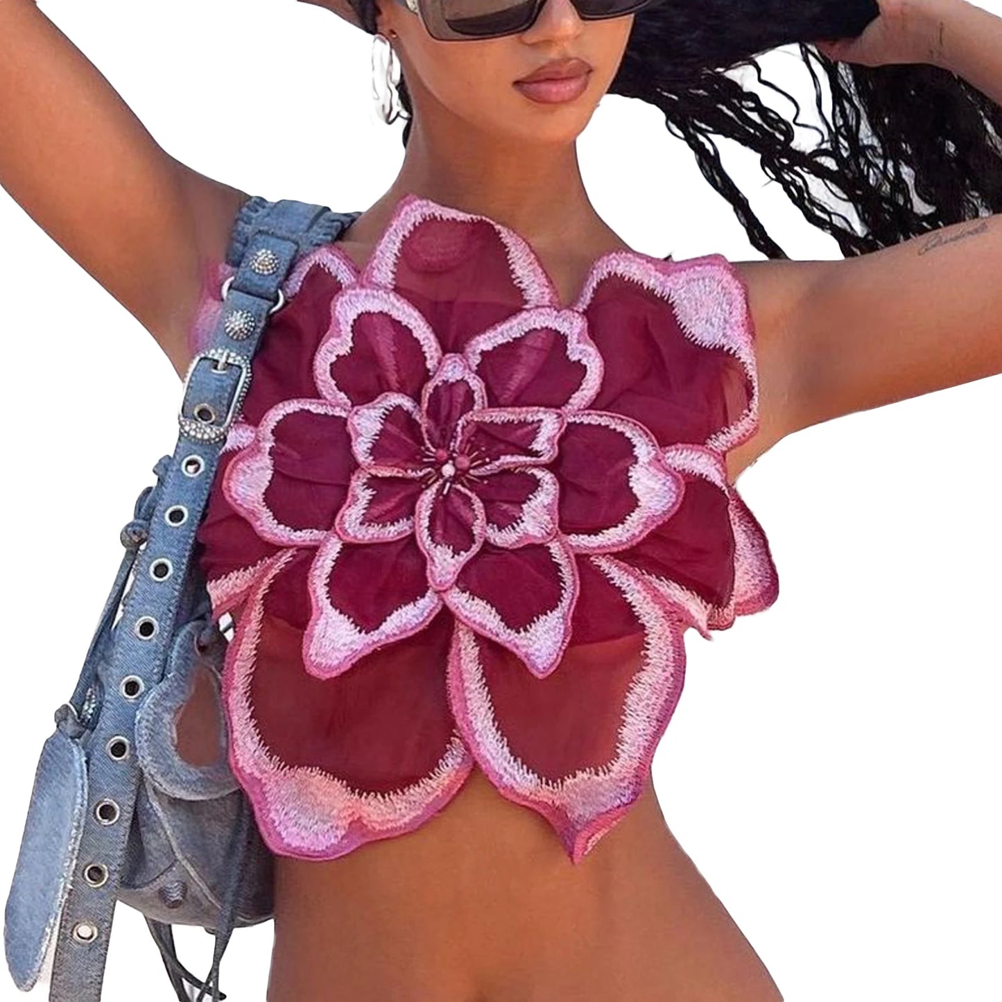 Lace Flower Cropped Backless Sleeveless Tank Top for Women