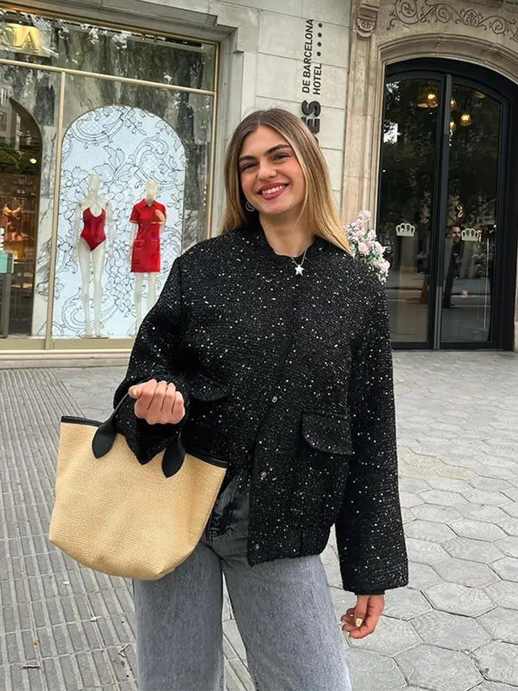 Suninheart Women's Sequined Bomber Jacket Fall O Neck Long Sleeve Pocket Stretch Hem Sequins Jacket Coat Female Chic Outerwear