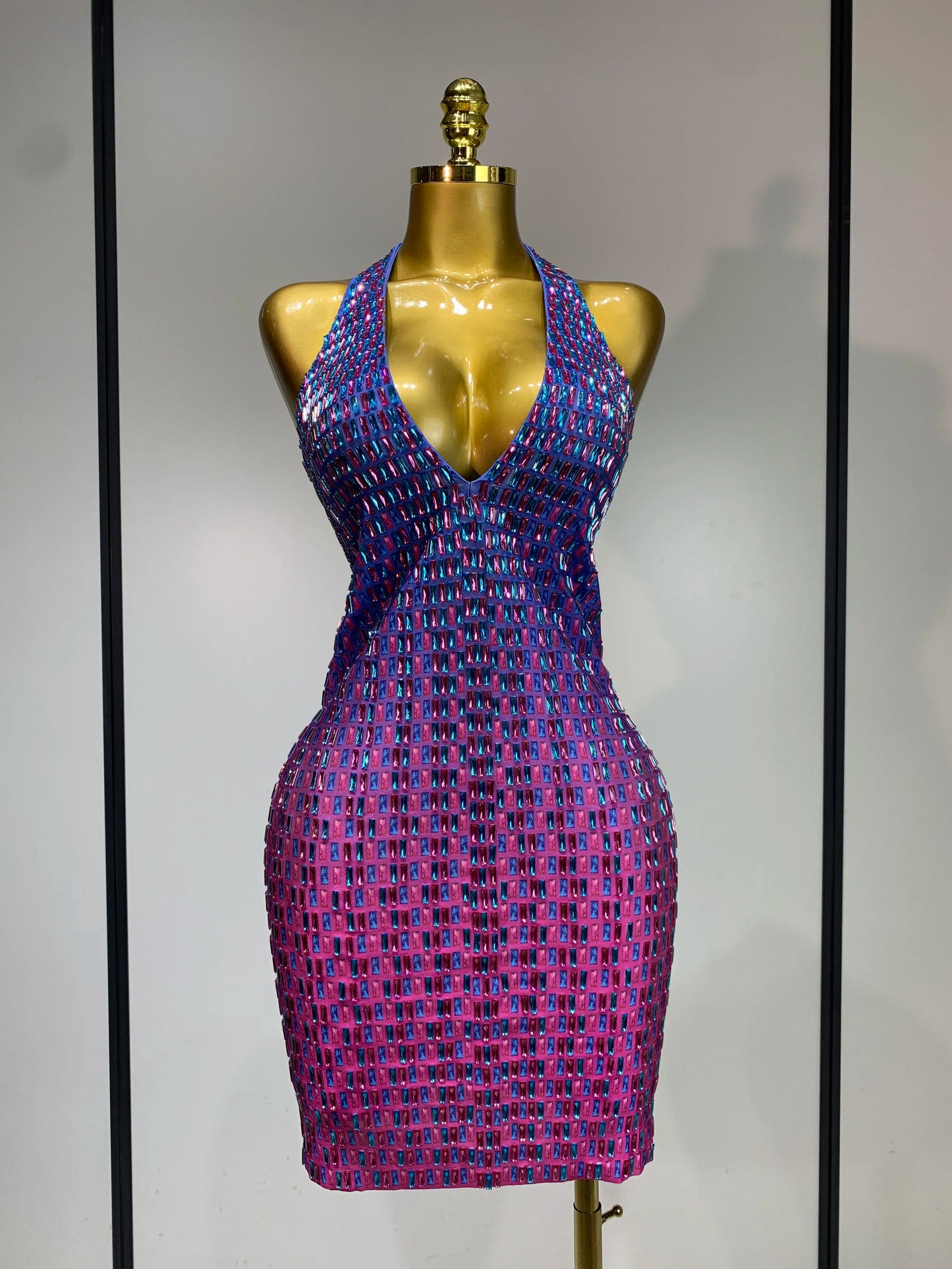 Women Sexy Halter Bodycon Dress Gadient Sparkly Rhinestones V Neck Backless Luxury Birthday Singer Stage Costume Cocktail Dress