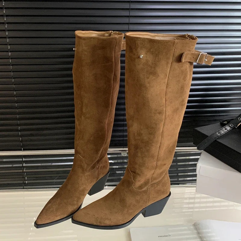 Belt Buckle Knee High Boots