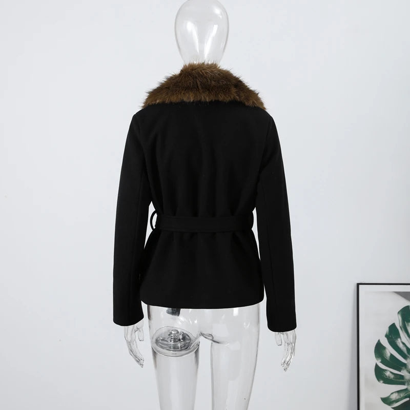Shawl Faux Fur Coat With Lace Up Belt for Women