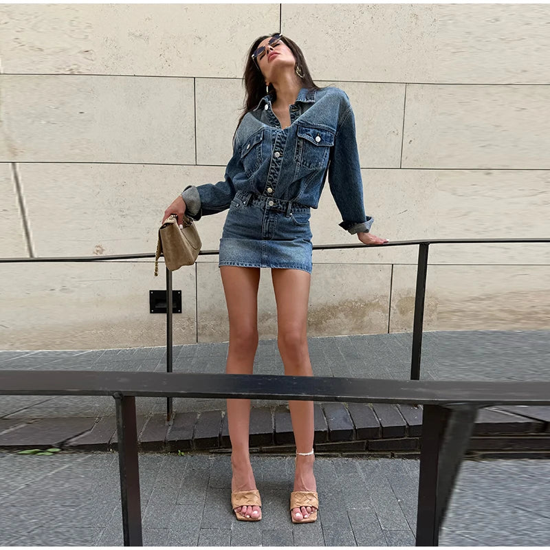High Waisted Acid Wash Denim Two Piece Set For Women