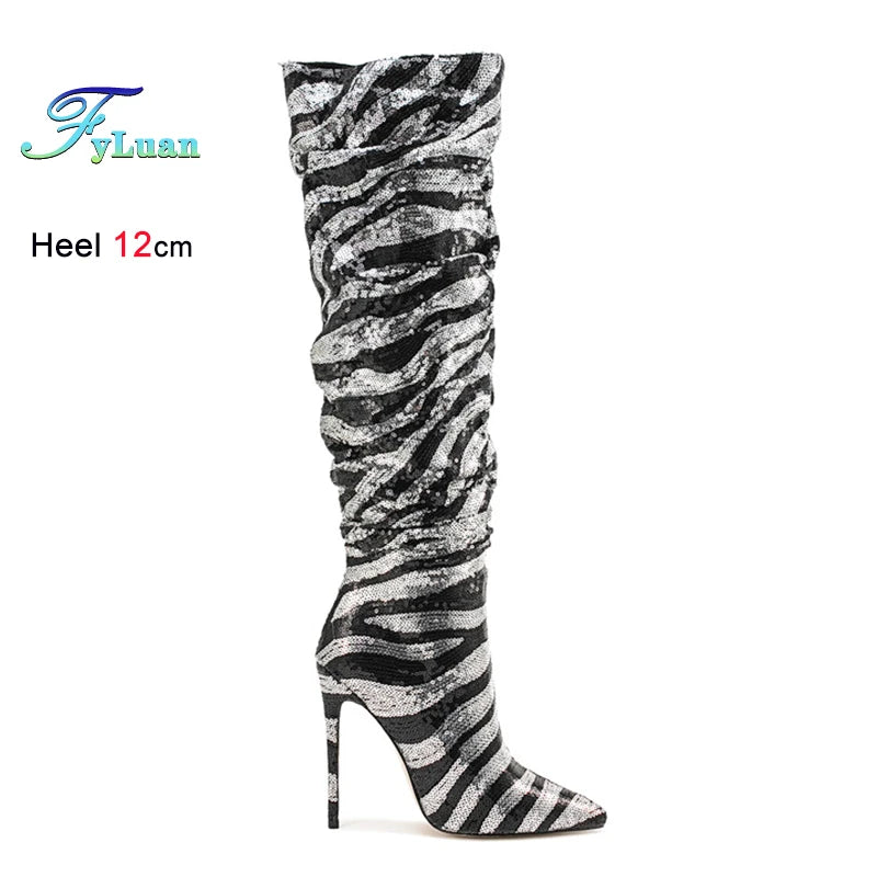 Sequined Pointed Toe Knee High Heeled Boots for Women