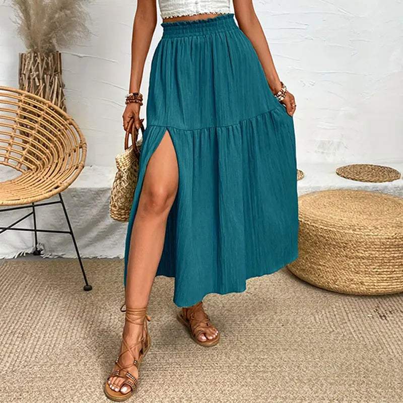 New Women Skirt Fashion Bohemian Midi Skirt High Waist Solid A Line Ruffle Skirt Casual Side Slit Beach Skirts 3 Colors Skort