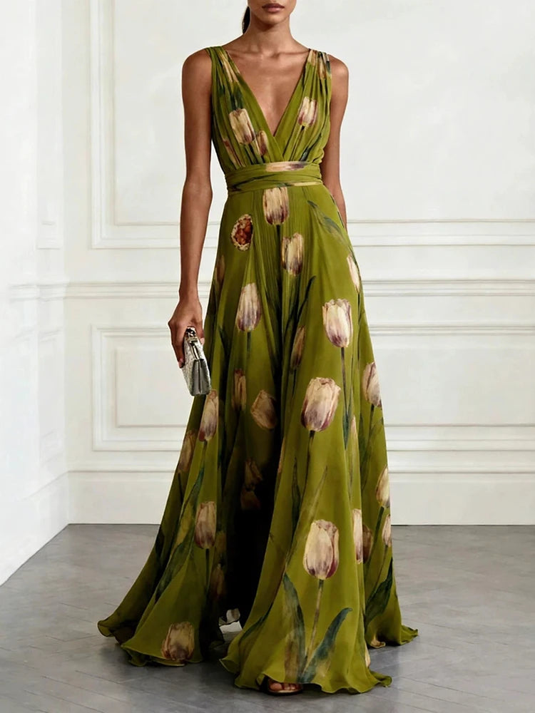 Elegant Deep V-neck Chiffon Long Dress Summer Fashion Pattern Print Women Dress Sexy Sleeveless Hight Waist Draped Holiday Dress