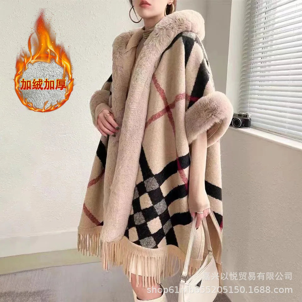 Faux Rabbit Fur Plaid Hooded Poncho Coat for Women