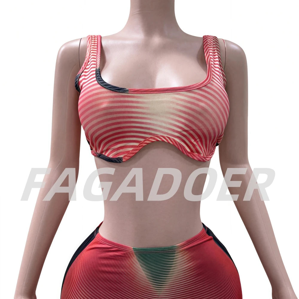 FAGADOER Fashion Stripe Patchwork 2 Piece Sets Woman Outfit Gradient Backless Vest Top + Skiny Pants Suit Female Jogger Clothing