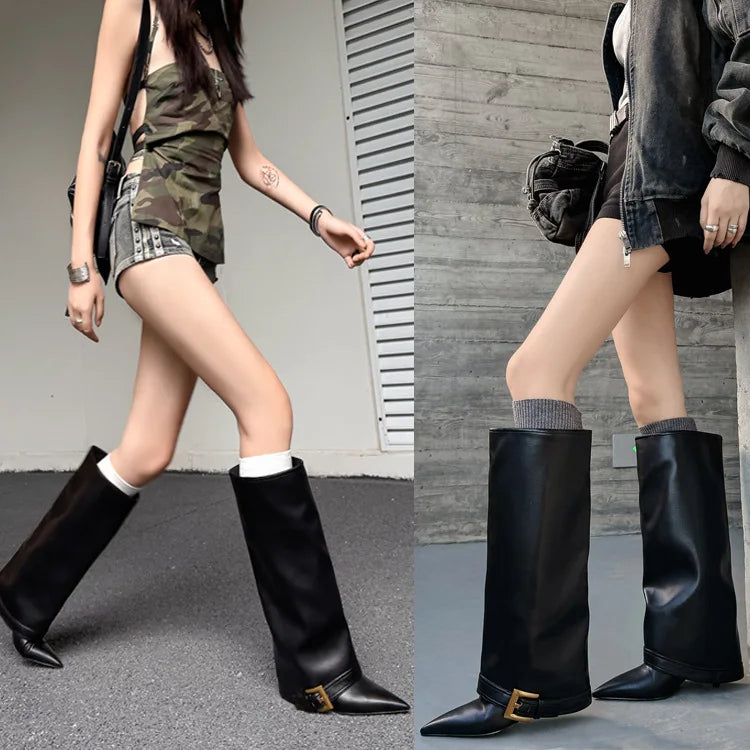 Design Women Metal High Heel Pointed Toe Belt Buckle Knee High Boots Sexy Women Pointy Gold Belt Buckle Knee Boots Plus Size 46