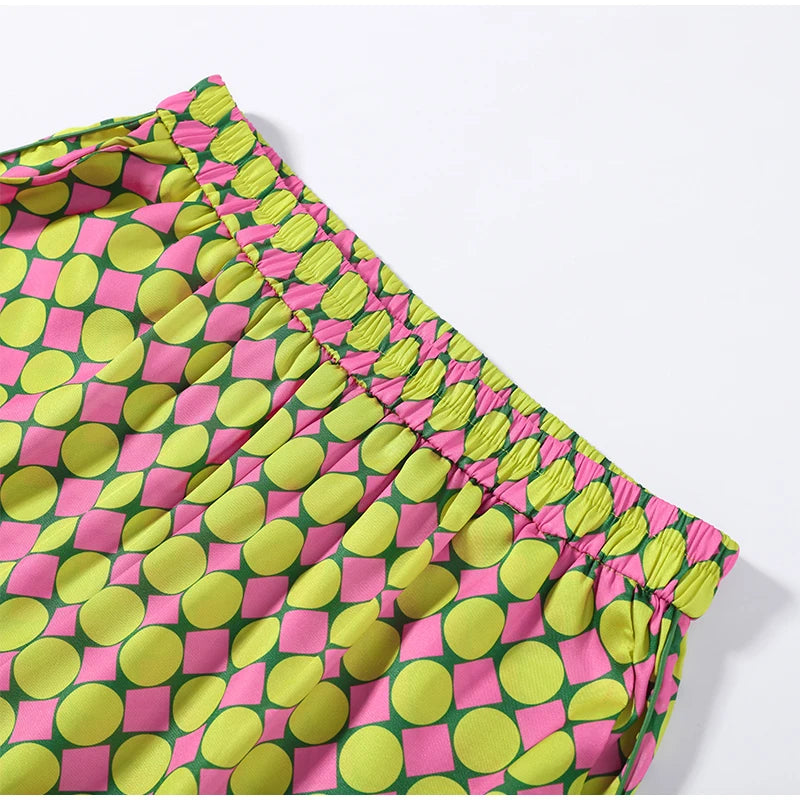 Geometric Printed Wide Leg Loose Pants Set for Women