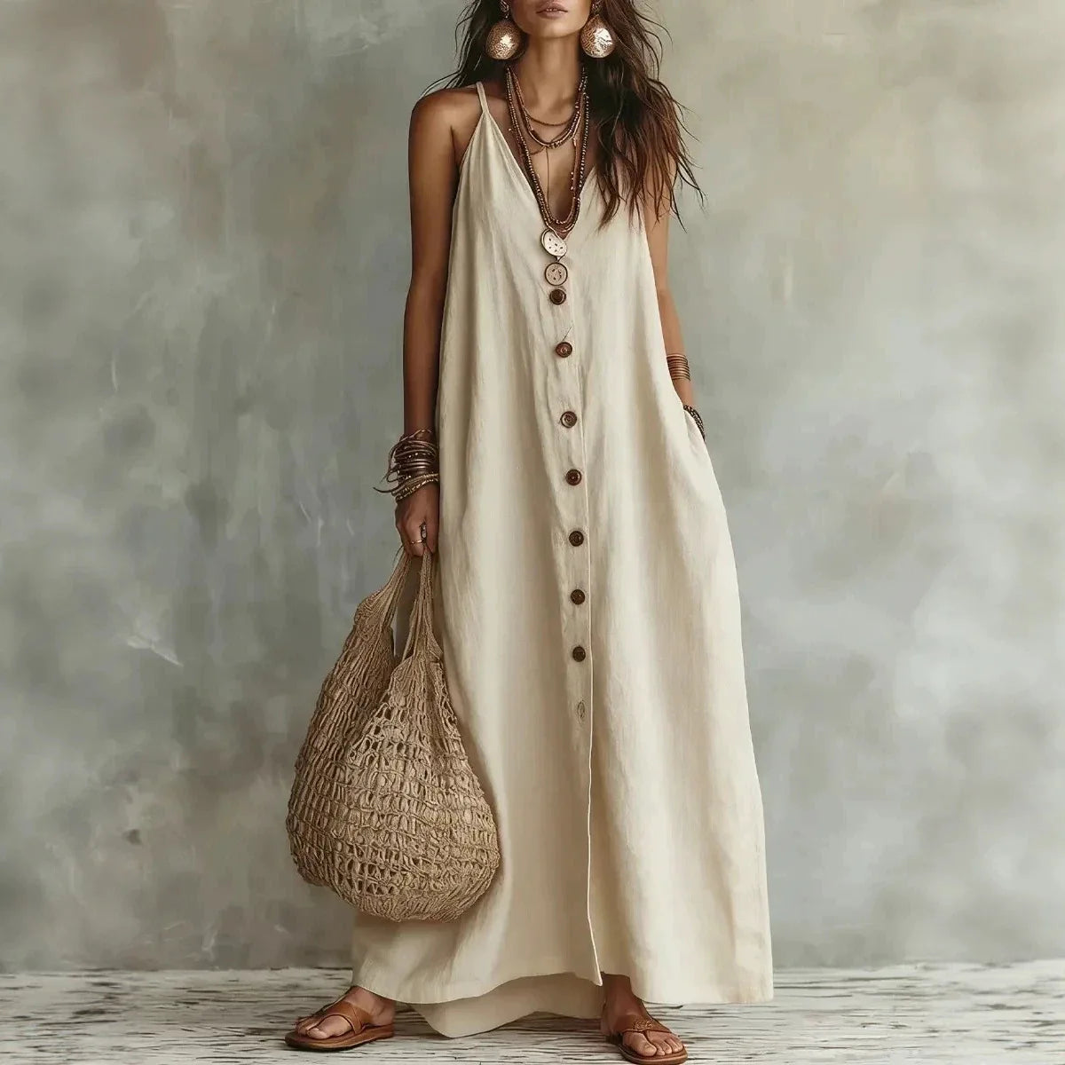 Spaghetti Strap V Neck Front Button Pocket Linen Maxi Dress for Women
