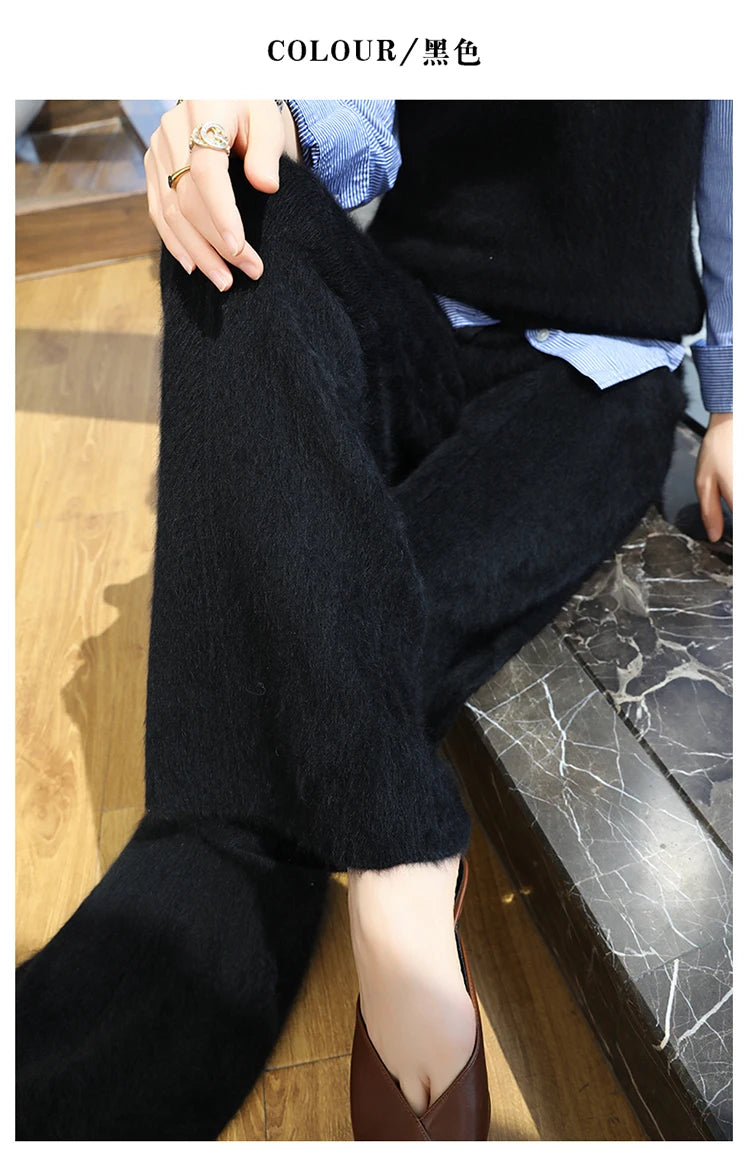 Elastic Waist Wide-Leg Knitted Cashmere Trousers for Women