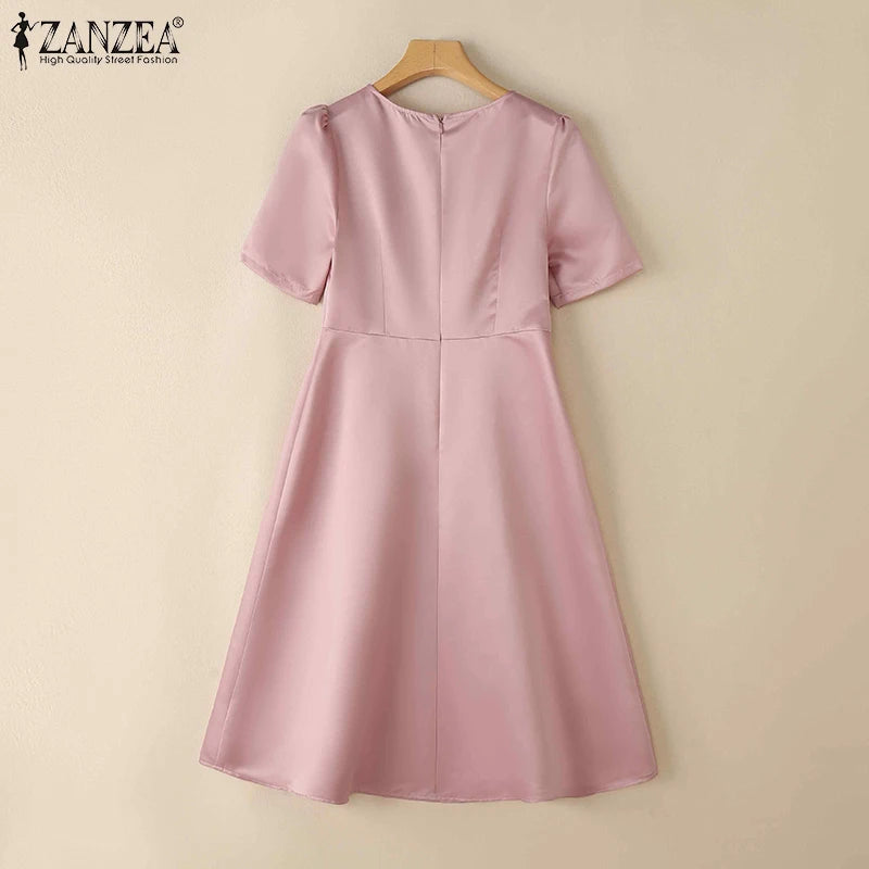 Satin Floral Applique Midi Dress