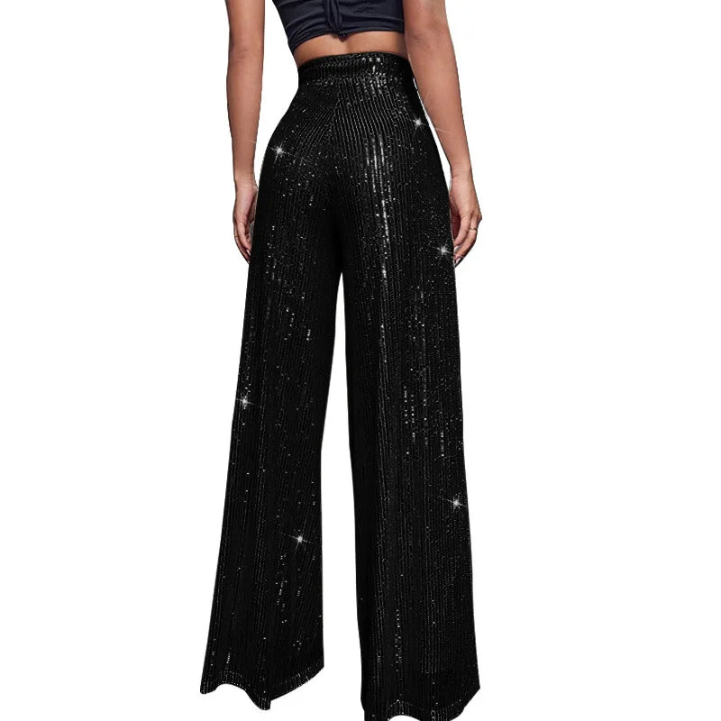 High Waist Sparkle Sequin Wide Leg Pants for Women
