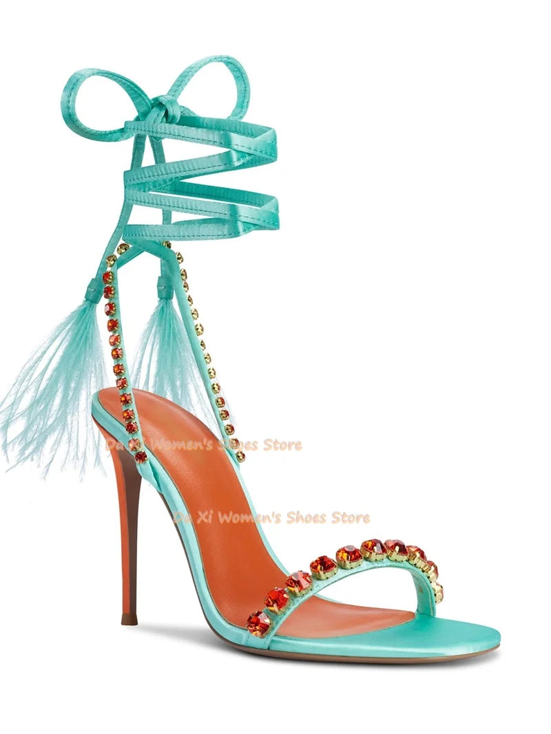 Satin Square Toe Rhinestone Ankle Strap Feather Stilettos For Women