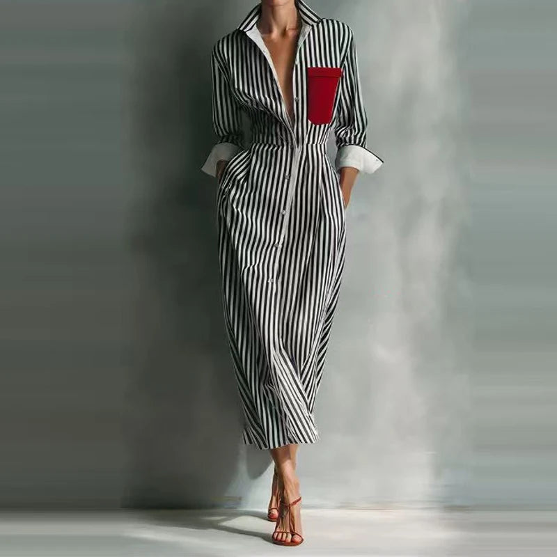 Casual Long Sleeve Stripe Print Dresses Fashion Turn Down Collar Pocket Shirt Dress Women Elegant Button Hight Waist Long Dress