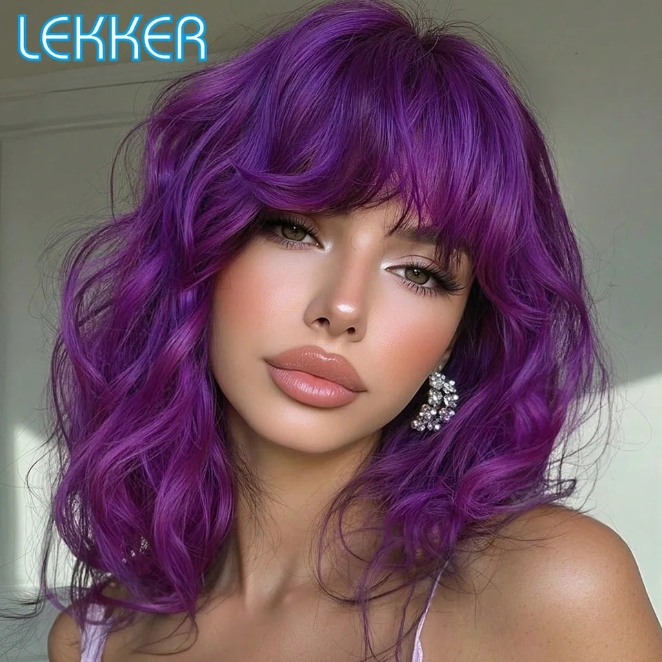 Long Purple Body Wave Human Hair Wig With Bangs for Women