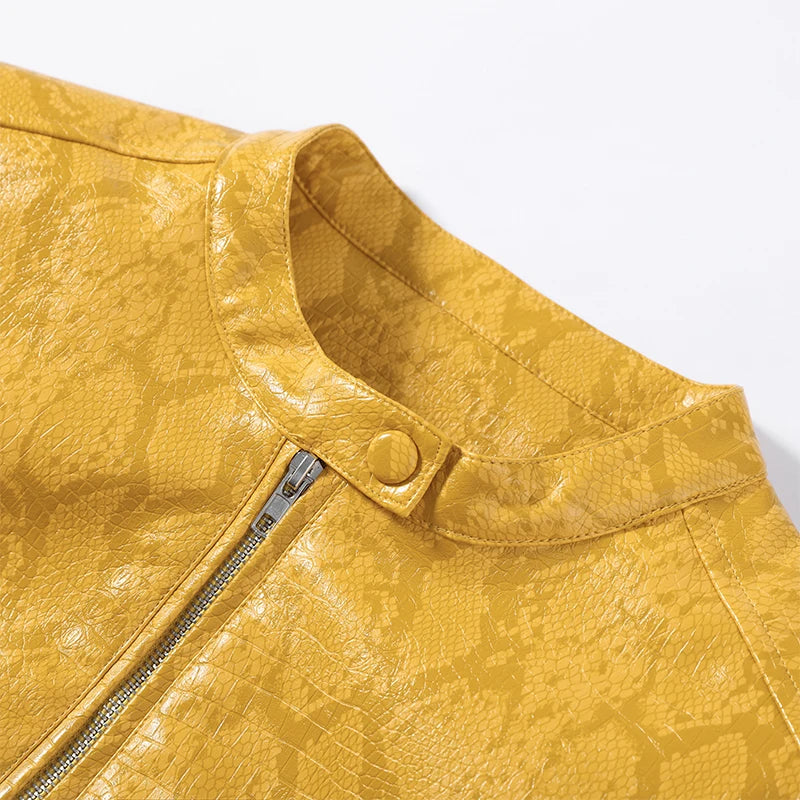 Retro Snake Print Faux Leather Cropped Jacket for Women