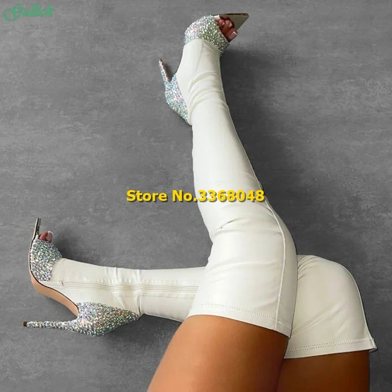 Rhinestone Pointed Toe Over The Knee Stiletto Boots for Women