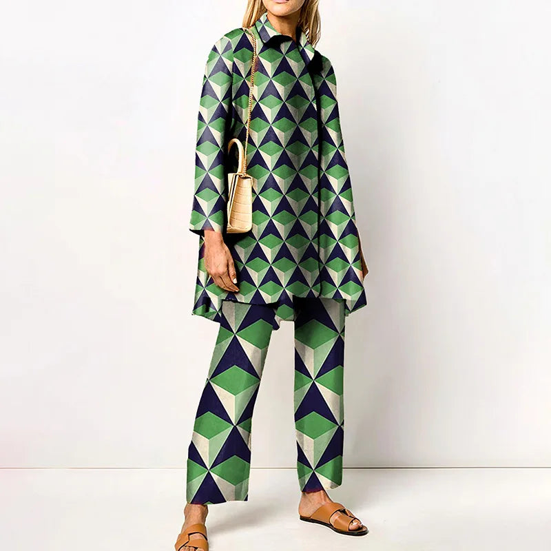 2022 Sets Womens Outfits Elegant Loungewear Print Spring Autumn 2PCS Ladies Suit Long Sleeve Wide Leg Pants Loose Fit Streetwear