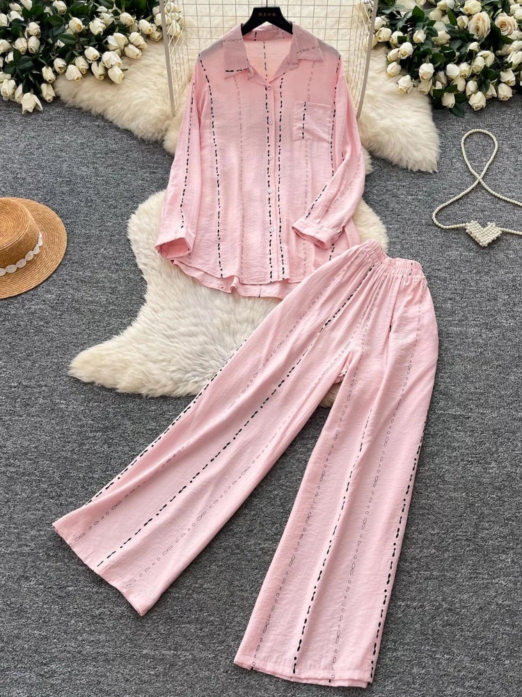 Collared Shirt and Wide Leg Pants Set