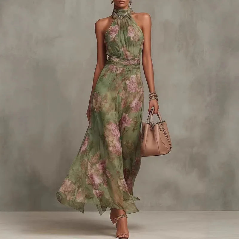 Flowing Floral Halter Ruched Waist Maxi Dress for Women