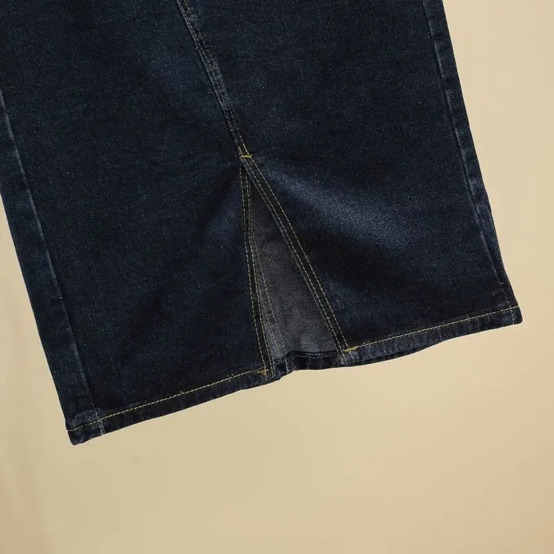 High Waist Split A-Line Denim Midi Skirt With Pockets For Women