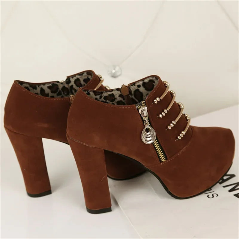 Elegant Lace Up Zip Square Heel Ankle Boots For Women