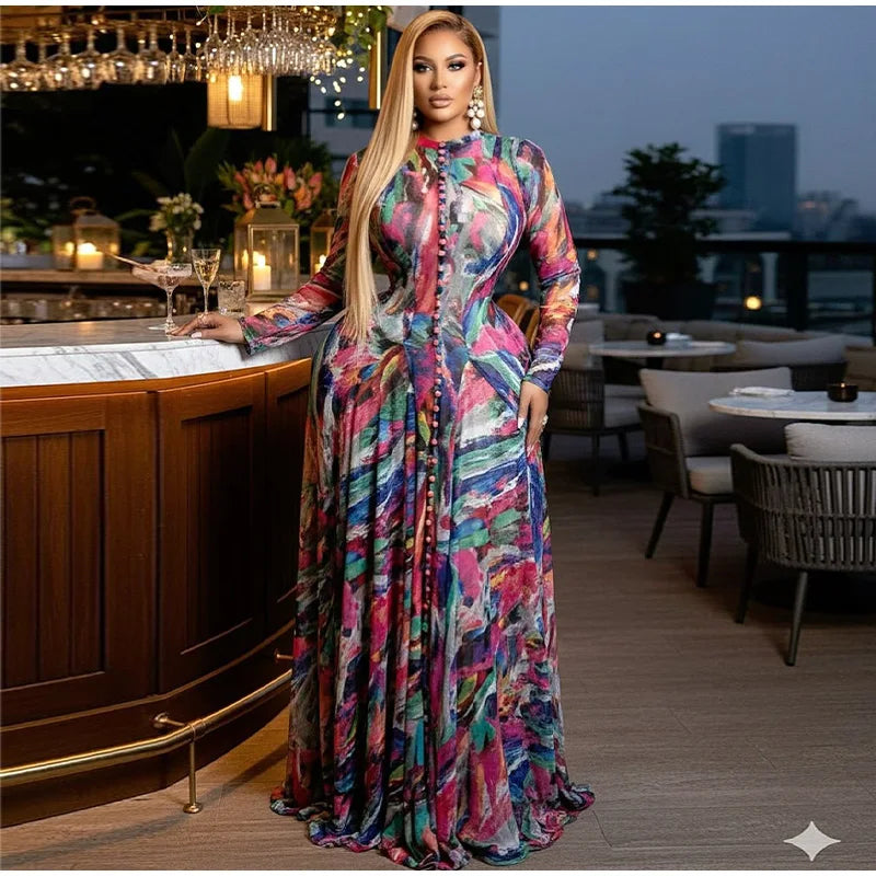 Chic O-Neck Printed Long Sleeve Casual Summer Dress for Women