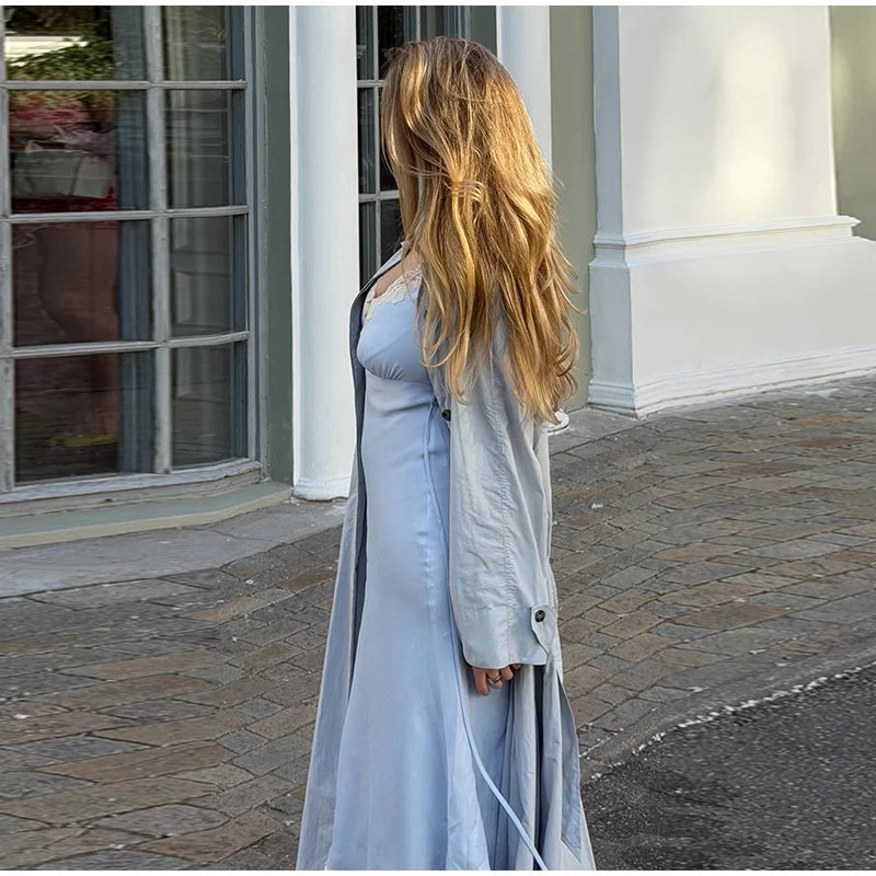 Lapel Collar Button Front Long Trench Coat With Waist Belt for Women
