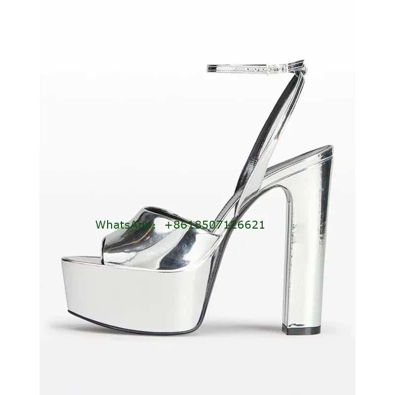 Silver Patent Leather Crystal Buckle Platform Sandals for Women