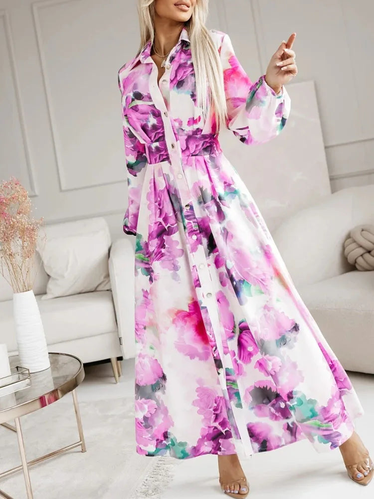 Elegant Turn-down Collar Button Split Long Dress Women Retro Floral Print Office Shirt Dress Autumn Long Sleeve Loose Maxi Dress