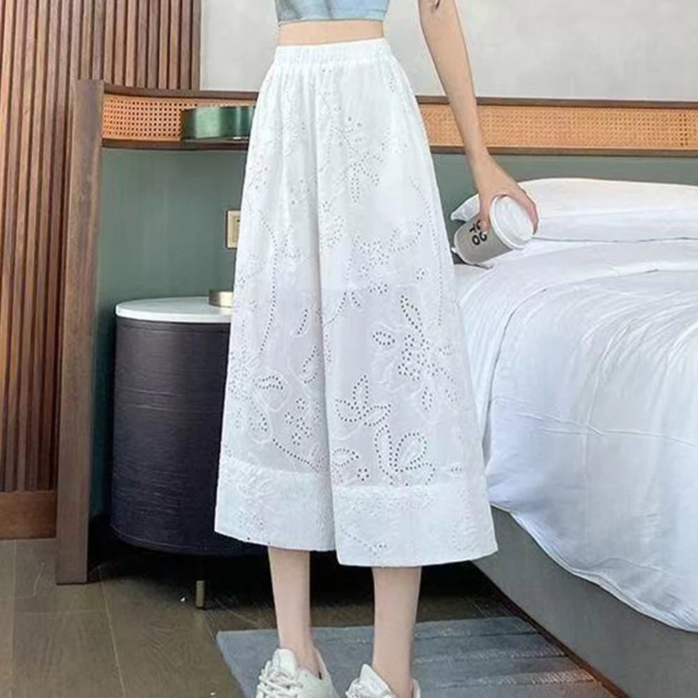 Hollow Out White Summer Wide Leg Cotton Pants for Women