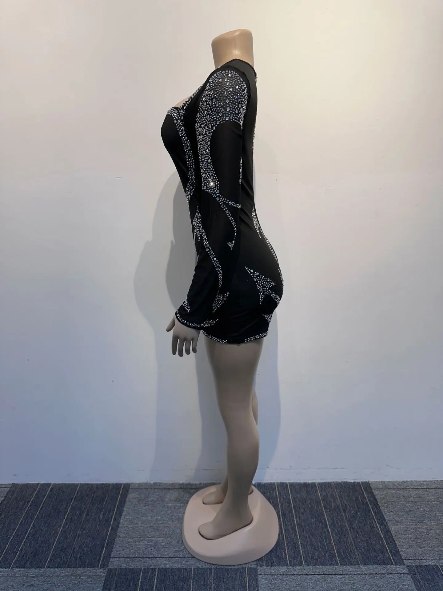 Rhinestone Mesh V Neck Long Sleeve Jumpsuit For Women