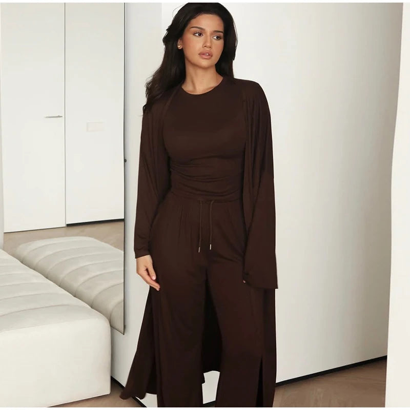 Casual Three Piece Shirt, Coat And Wide Leg Pants Set for Women