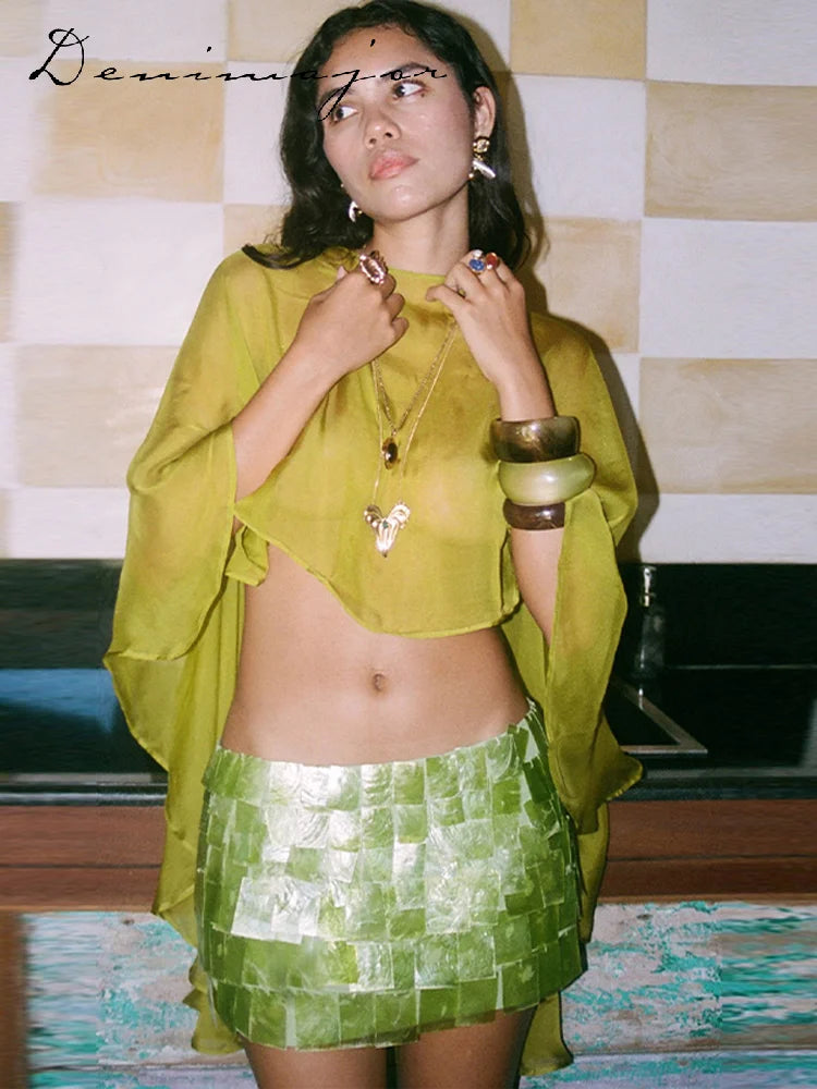 Sheer Chiffon Cape Top and Sequin Mini Skirt Set for Women