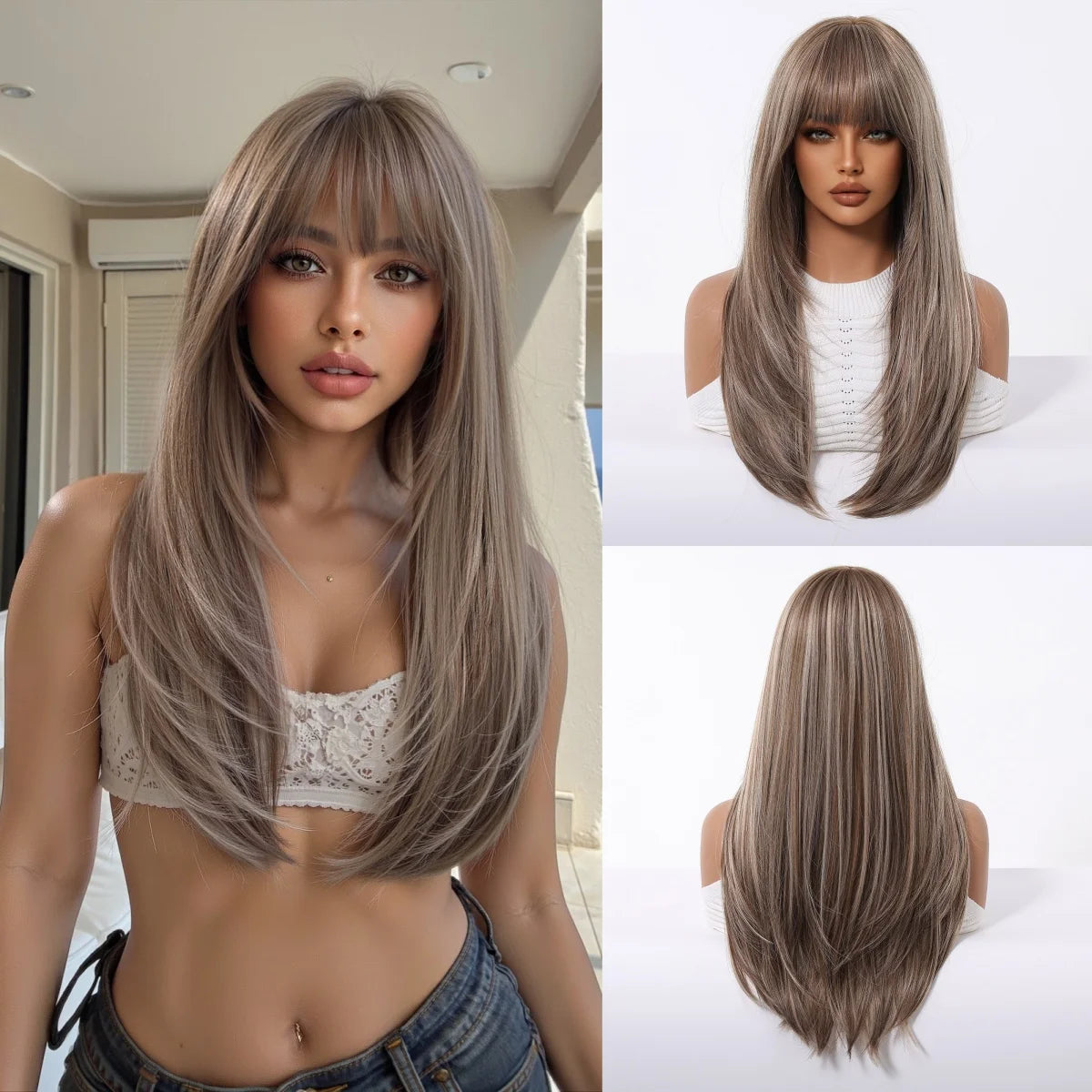 Long Straight Synthetic Wig With Bangs and Red Highlights for Women