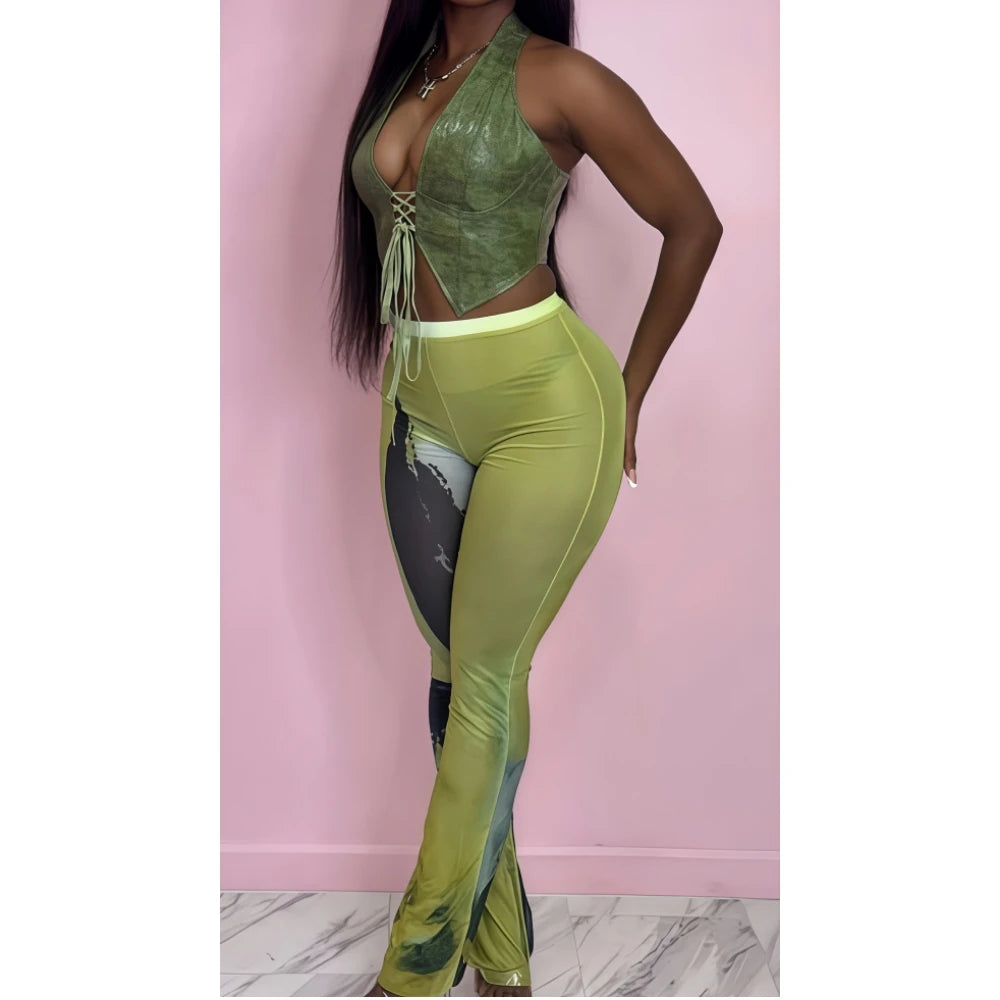 FAGADOER Y2k Sexy Tie Dye Printting Woman 2 Piece Set Outfit Halter Bandage Patchwork Crop Top and Flare Pants Female Streetwear