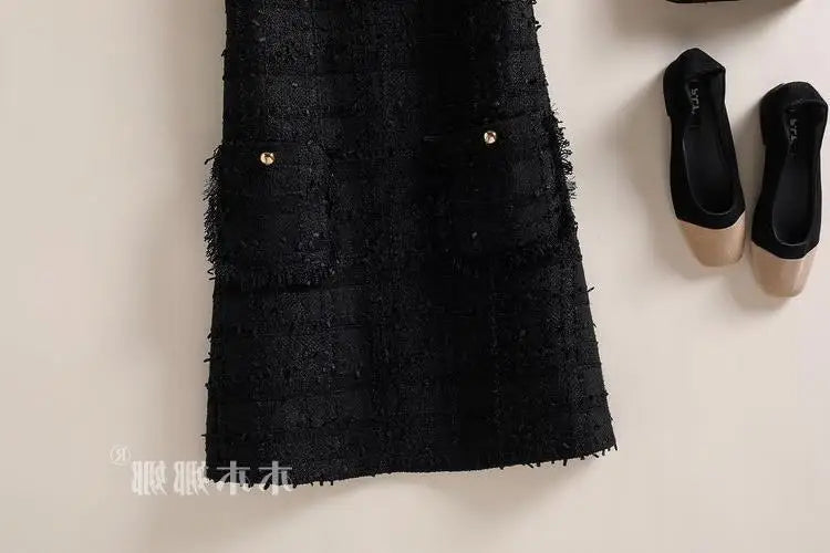 Elegant Tweed Beaded Pocket A-Line Dress for Women