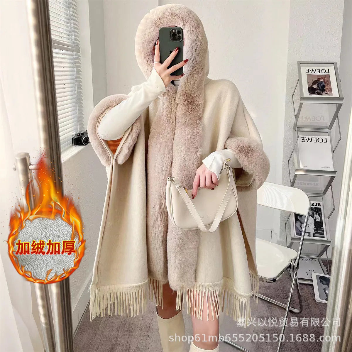 Faux Rabbit Fur Plaid Hooded Poncho Coat for Women
