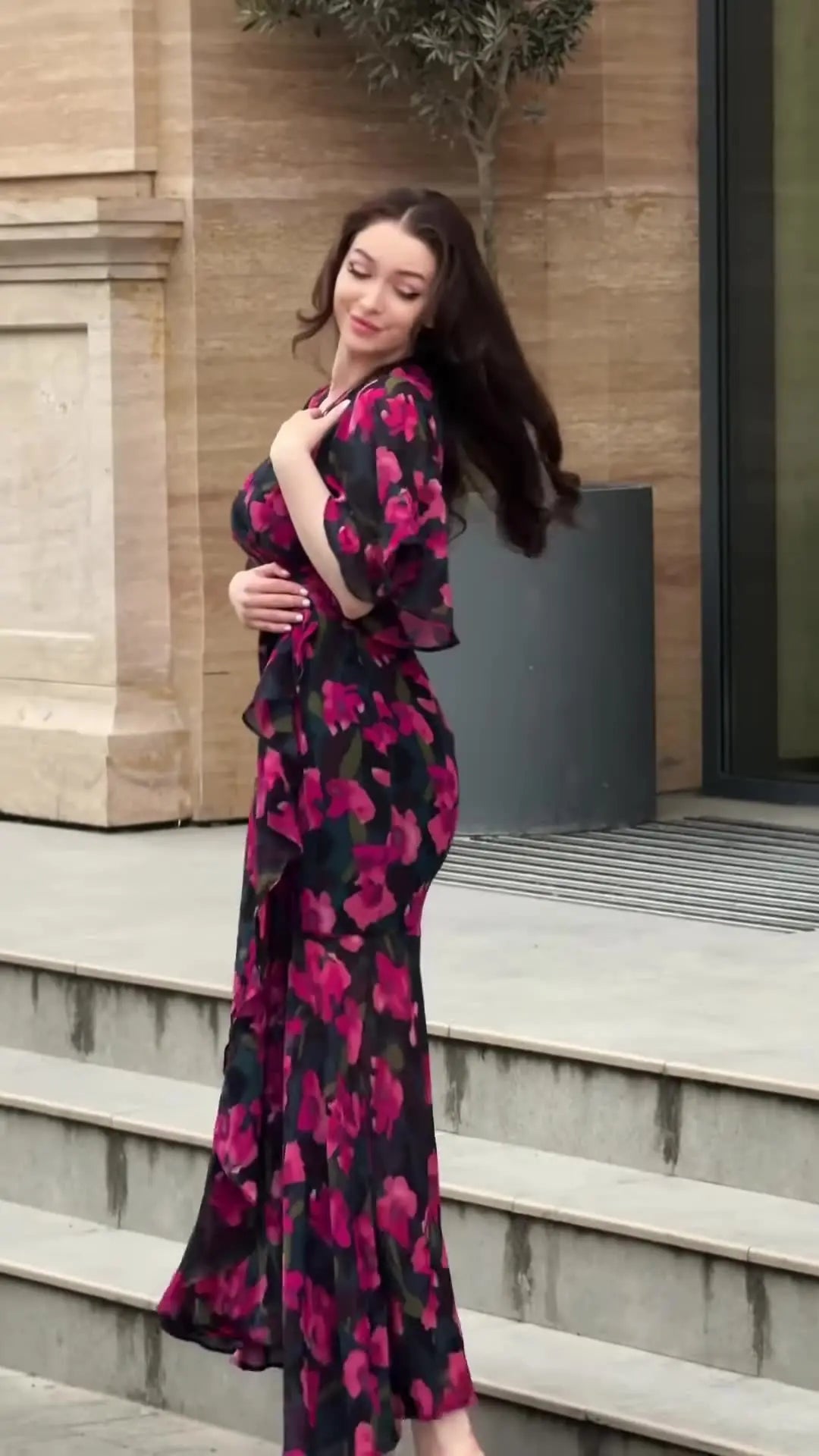 V Neck Floral Print Short Sleeve Ankle Length Dress for Women