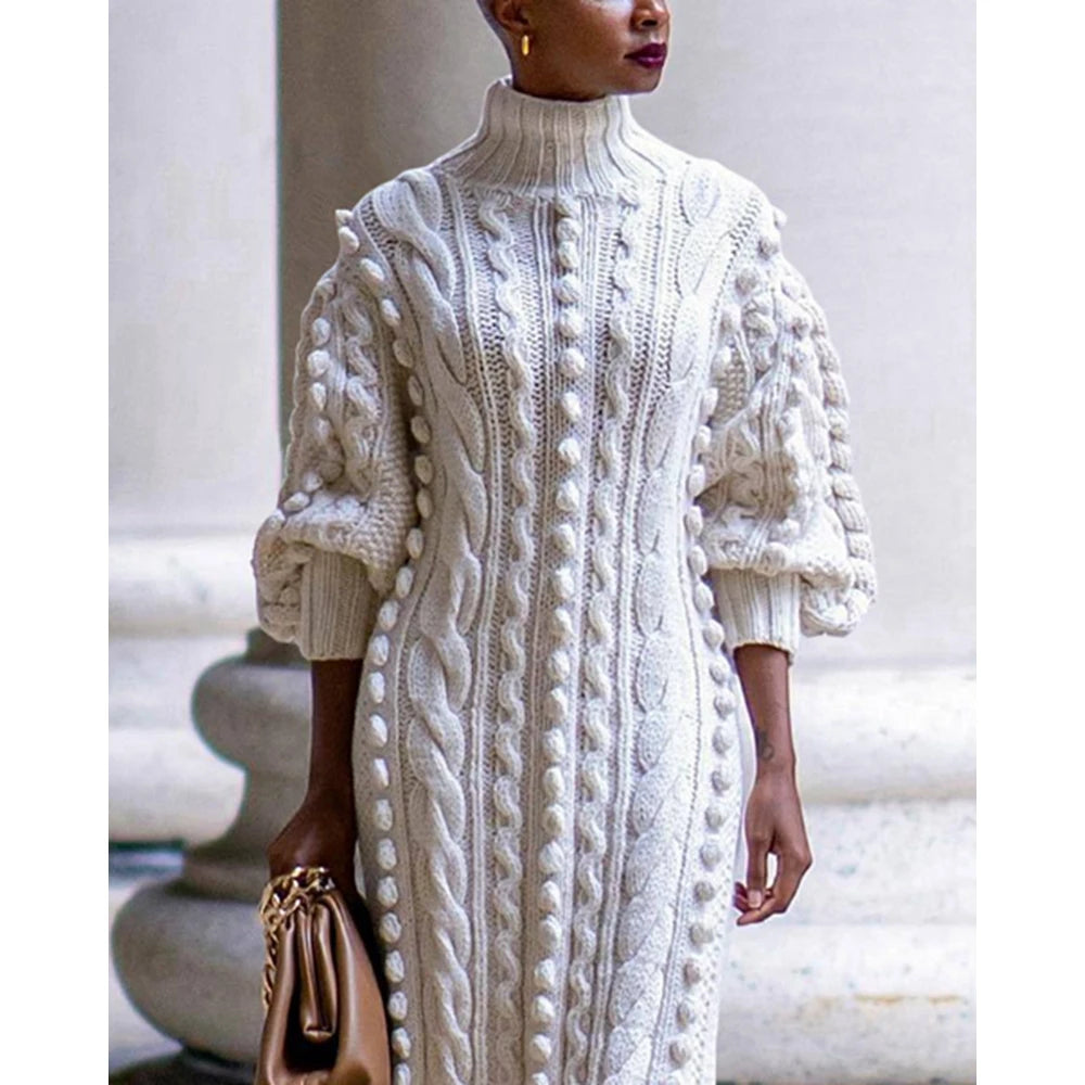 Autumn Women High Neck Twist Rope Lantern Sleeve Side Slit Knitted Sweater Dress New Fashion Femme Casual Dress Robe Clothing