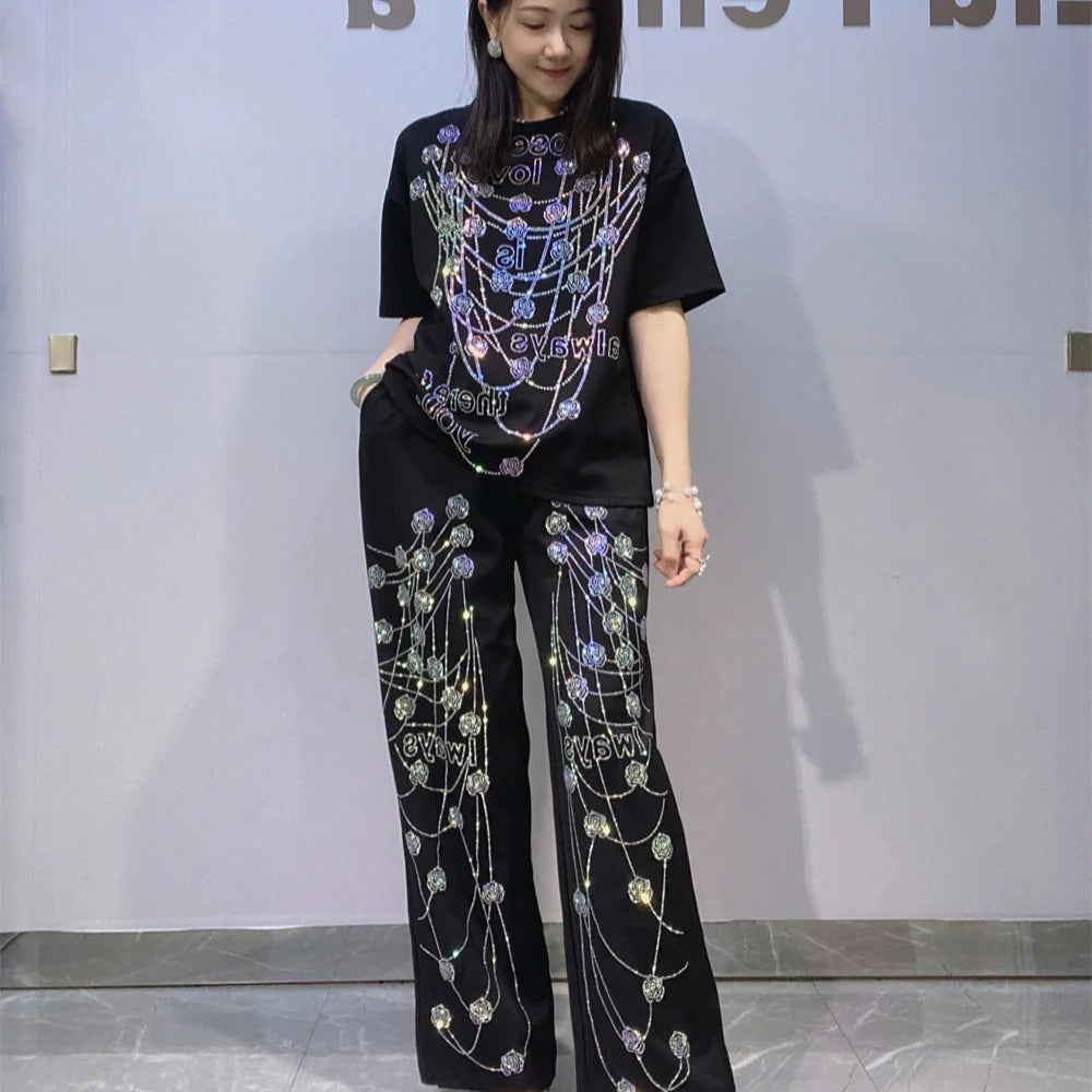 Elegant Lady Summer Two-piece Set Luxury Space Cotton Hot Diamonds Loose Short Sleeve T-shirt Top + Elastic Waist Wide Leg Pants