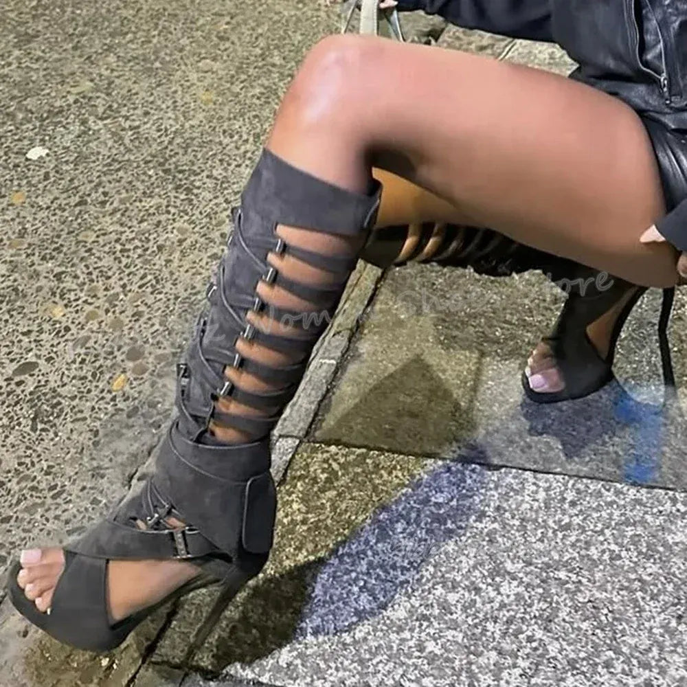 Suede Cross Strap Knee High Boots