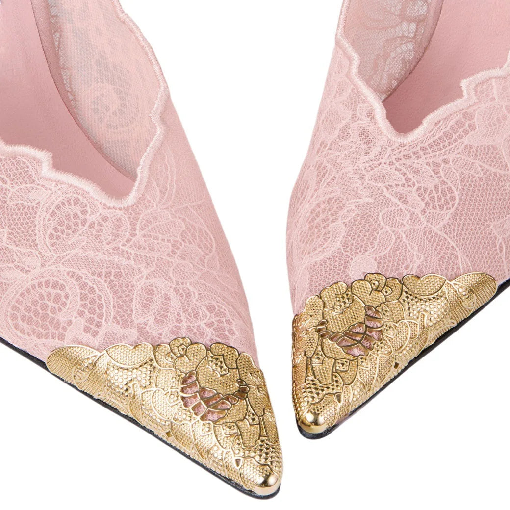 Lace Gold Embroidered Slingback Stiletto Heels for Women