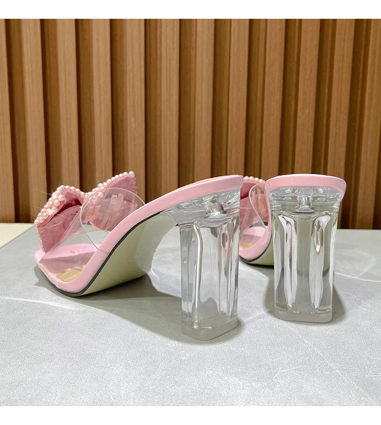Pink Pearl Bow Design Clear Crystal High Heels for Women